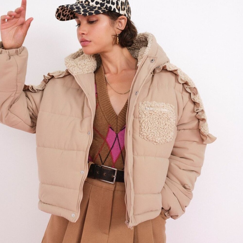 New! For Love and Lemons Tan Hooded Puffer Coat Jacket with Ruffle Trim